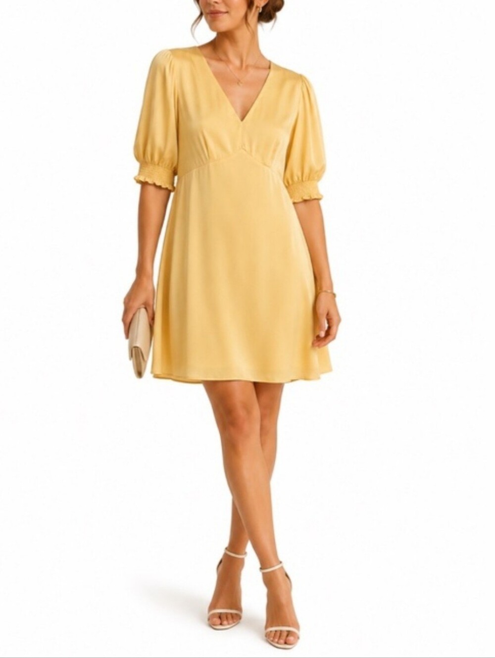 QUINCE Butter Yellow Silk Puff Sleeve Mini Dress Sz L Coquette Quiet Luxury NWT